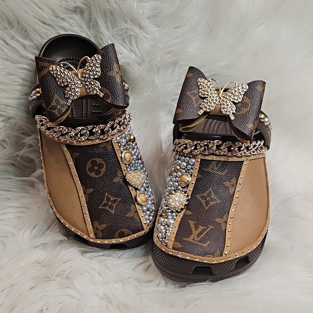 CROCS Brown and Gold Embellished Mules